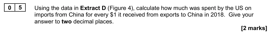 November 2020 Paper 2, question 05: Using the data in Extract D (Figure 4), calculate how much was spent by the US on imports from China for every $1 it received from exports to China in 2018. Giv