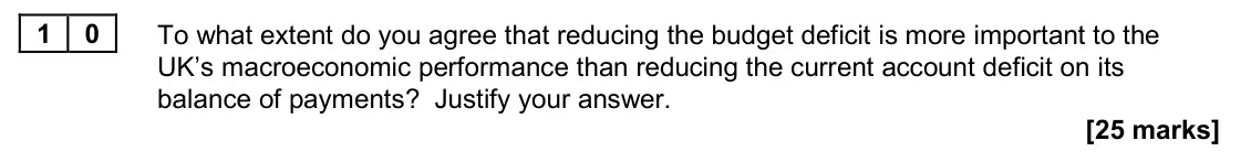 November 2020 Paper 2, question 10: To what extent do you agree that reducing the budget deficit is more important to the UK’s macroeconomic performance than reducing the current account deficit o
