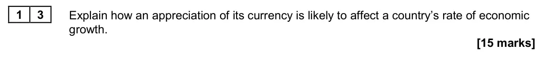 November 2020 Paper 2, question 13: Explain how an appreciation of its currency is likely to affect a country’s rate of economic growth. [15 marks] Essay 3 In 2015, Lithuania joined the eurozone, 