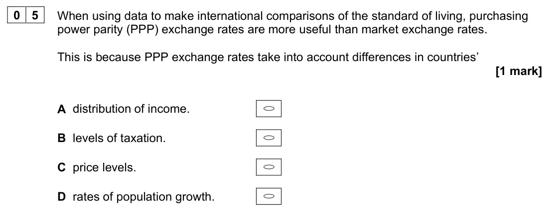 June 2022 Paper 3, question 05: When using data to make international comparisons of the standard of living, purchasing power parity (PPP) exchange rates are more useful than market exchange r
