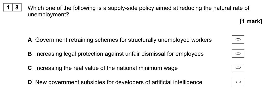 June 2022 Paper 3, question 18: Which one of the following is a supply-side policy aimed at reducing the natural rate of unemployment? [1 mark] A Government retraining schemes for structurally