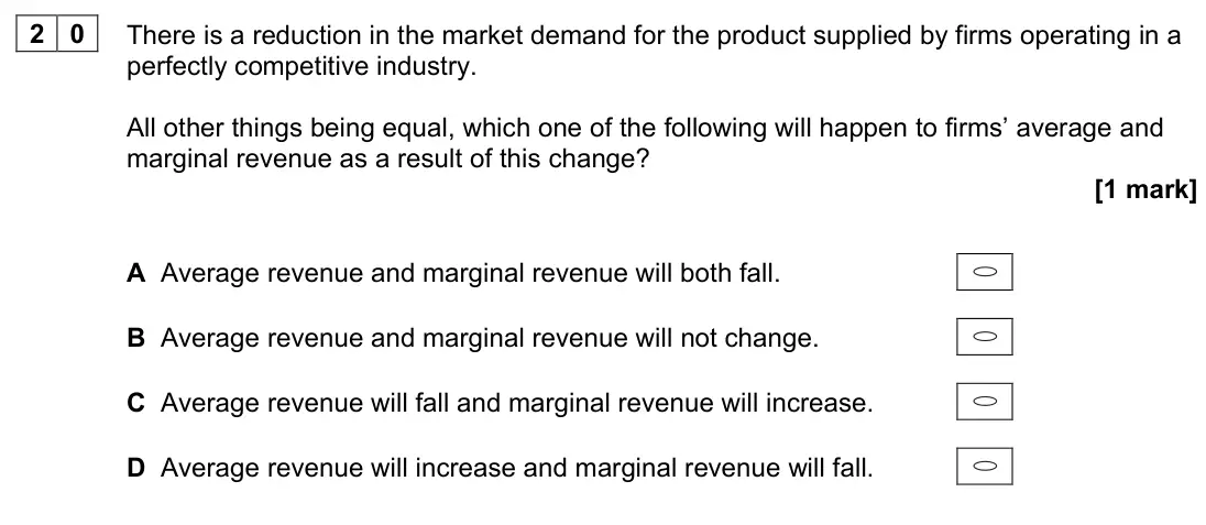 June 2022 Paper 3, question 20: There is a reduction in the market demand for the product supplied by firms operating in a perfectly competitive industry. All other things being equal, which o