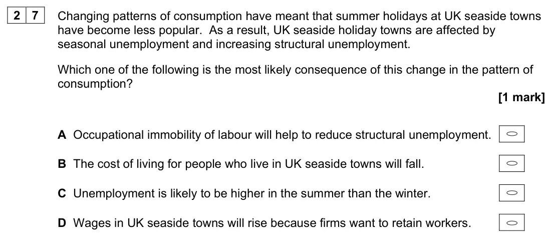 June 2022 Paper 3, question 27: Changing patterns of consumption have meant that summer holidays at UK seaside towns have become less popular. As a result, UK seaside holiday towns are affecte