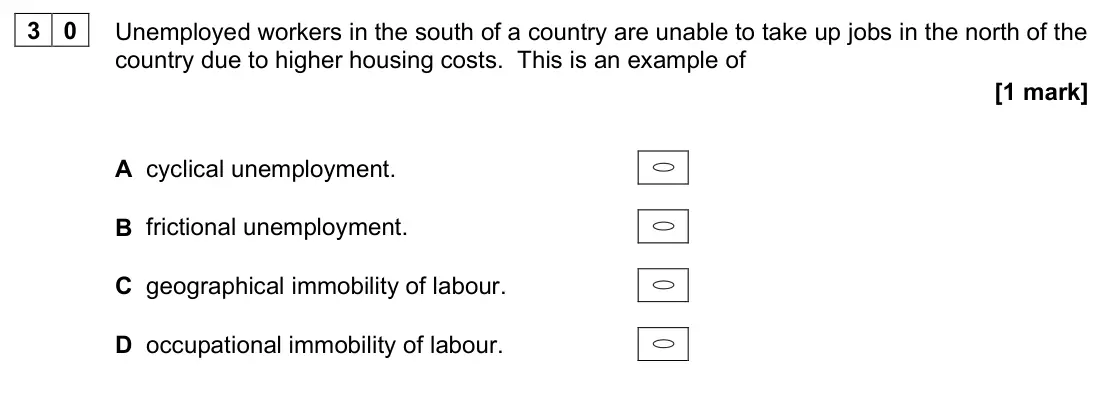 June 2022 Paper 3, question 30: Unemployed workers in the south of a country are unable to take up jobs in the north of the country due to higher housing costs. This is an example of [1 mark] 