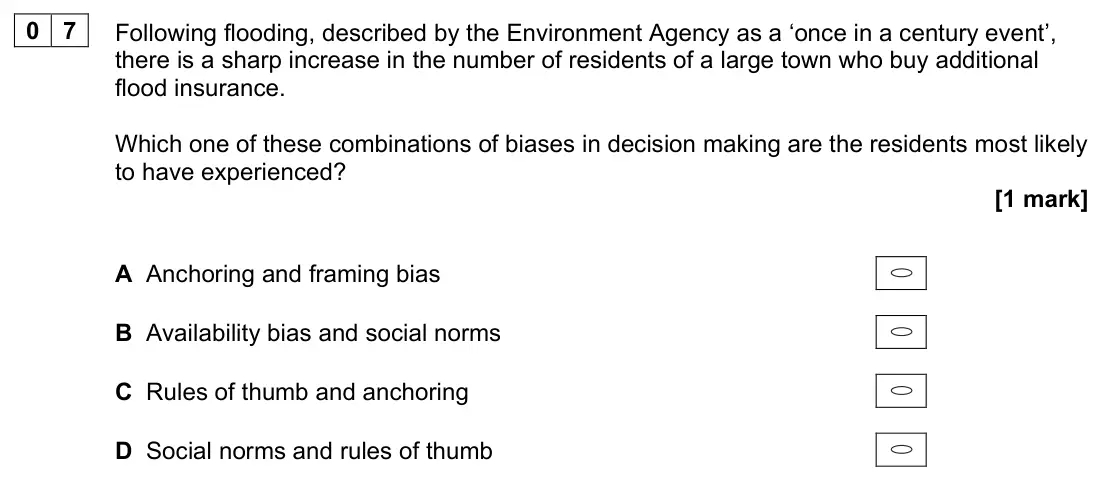 June 2023 Paper 3, question 07: Following flooding, described by the Environment Agency as a ‘once in a century event’, there is a sharp increase in the number of residents of a large town who