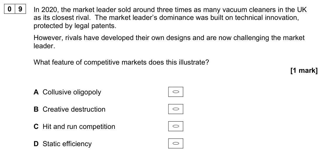 June 2023 Paper 3, question 09: In 2020, the market leader sold around three times as many vacuum cleaners in the UK as its closest rival. The market leader’s dominance was built on technical