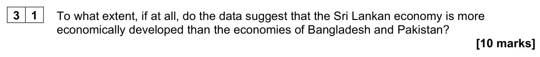 June 2023 Paper 3, question 31: To what extent, if at all, do the data suggest that the Sri Lankan economy is more economically developed than the economies of Bangladesh and Pakistan? [10 mar