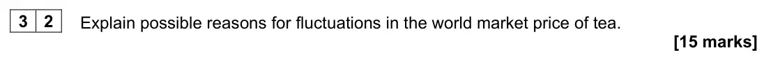 June 2023 Paper 3, question 32: Explain possible reasons for fluctuations in the world market price of tea. [15 marks] Section B Answer all questions in this section. Refer to the Insert for E