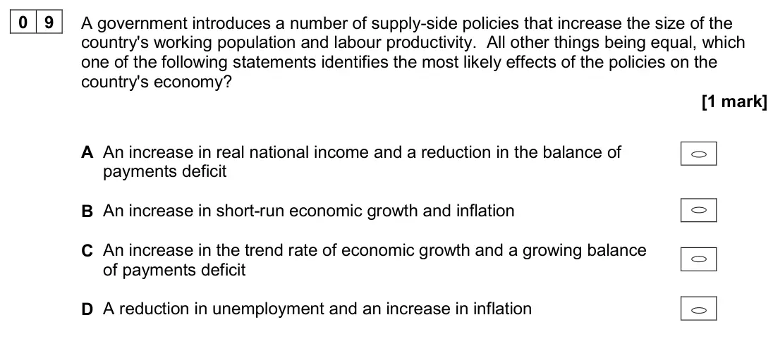 June 2024 Paper 3, question 09: A government introduces a number of supply-side policies that increase the size of the country's working population and labour productivity. All other things be
