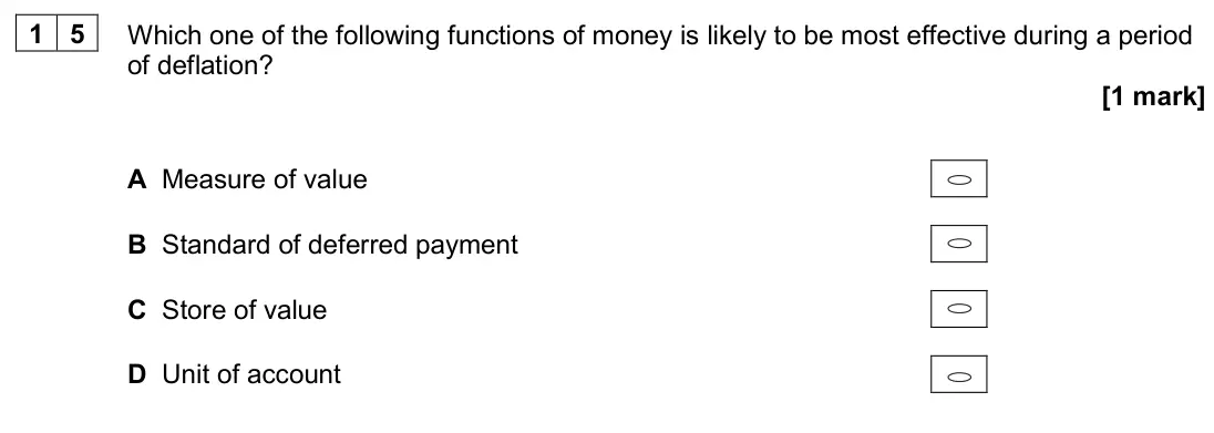 June 2024 Paper 3, question 15: Which one of the following functions of money is likely to be most effective during a period of deflation? [1 mark] A Measure of value B Standard of deferred pa