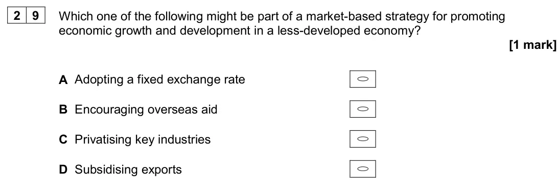 June 2024 Paper 3, question 29: Which one of the following might be part of a market-based strategy for promoting economic growth and development in a less-developed economy? [1 mark] A Adopti