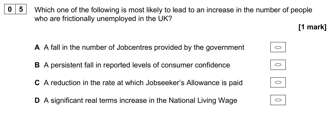 June 2025 Paper 3, question 05: Which one of the following is most likely to lead to an increase in the number of people who are frictionally unemployed in the UK? [1 mark] A A fall in the num