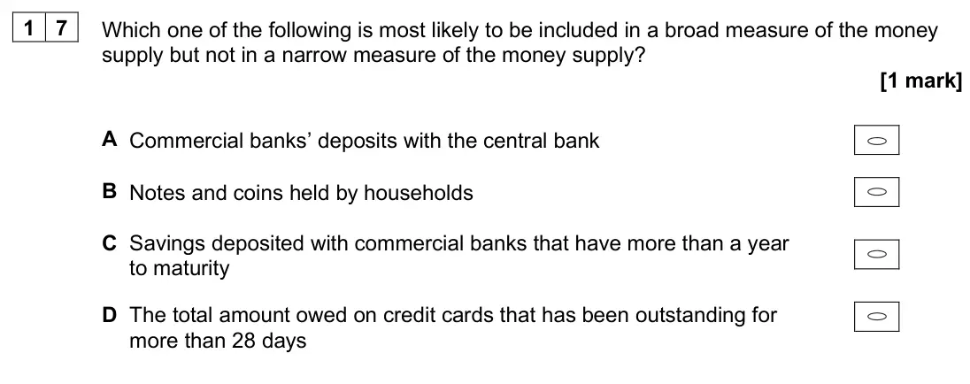 June 2025 Paper 3, question 17: Which one of the following is most likely to be included in a broad measure of the money supply but not in a narrow measure of the money supply? [1 mark] A Comm