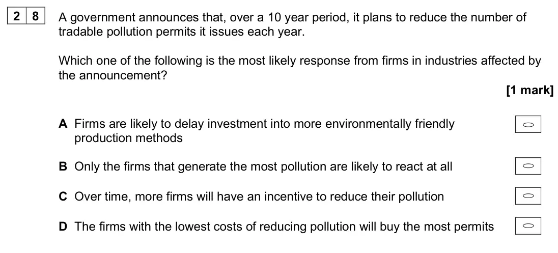 June 2025 Paper 3, question 28: A government announces that, over a 10 year period, it plans to reduce the number of tradable pollution permits it issues each year. Which one of the following