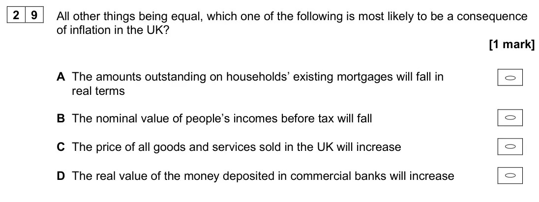 June 2025 Paper 3, question 29: All other things being equal, which one of the following is most likely to be a consequence of inflation in the UK? [1 mark] A The amounts outstanding on househ