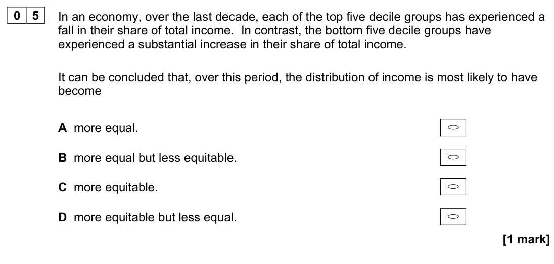 November 2020 Paper 3, question 05: In an economy, over the last decade, each of the top five decile groups has experienced a fall in their share of total income. In contrast, the bottom five deci