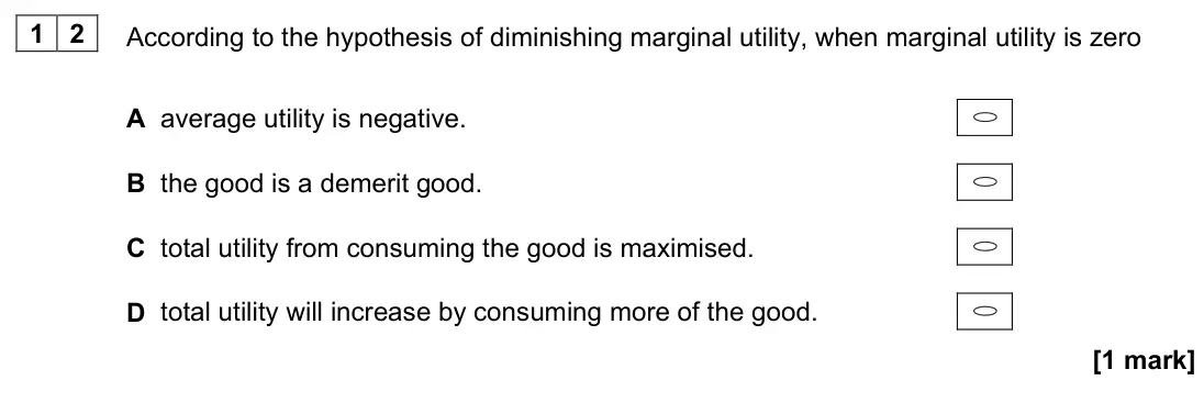 November 2020 Paper 3, question 12: According to the hypothesis of diminishing marginal utility, when marginal utility is zero A average utility is negative. B the good is a demerit good. C total