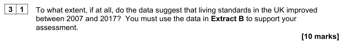 November 2020 Paper 3, question 31: To what extent, if at all, do the data suggest that living standards in the UK improved between 2007 and 2017? You must use the data in Extract B to support you