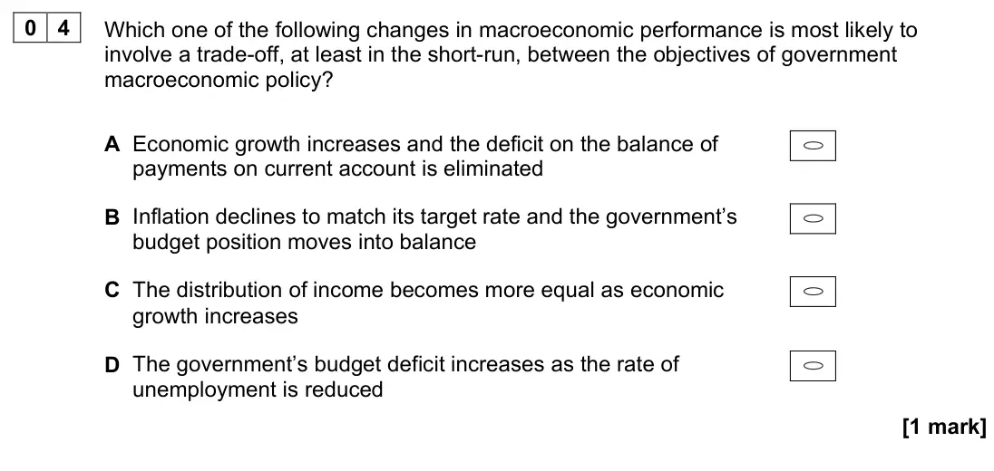 November 2021 Paper 3, question 04: Which one of the following changes in macroeconomic performance is most likely to involve a trade-off, at least in the short-run, between the objectives of gove