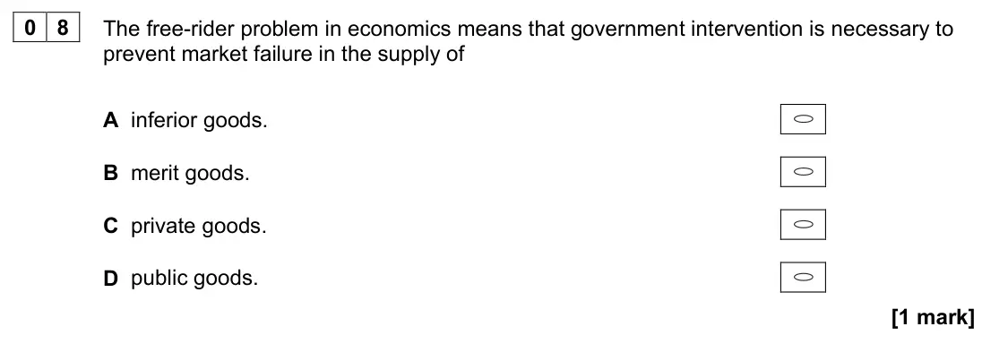 November 2021 Paper 3, question 08: The free-rider problem in economics means that government intervention is necessary to prevent market failure in the supply of A inferior goods. B merit goods. 