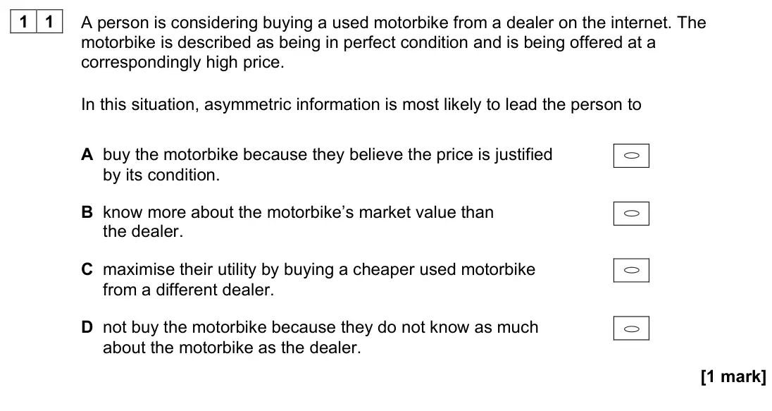 November 2021 Paper 3, question 11: A person is considering buying a used motorbike from a dealer on the internet. The motorbike is described as being in perfect condition and is being offered at