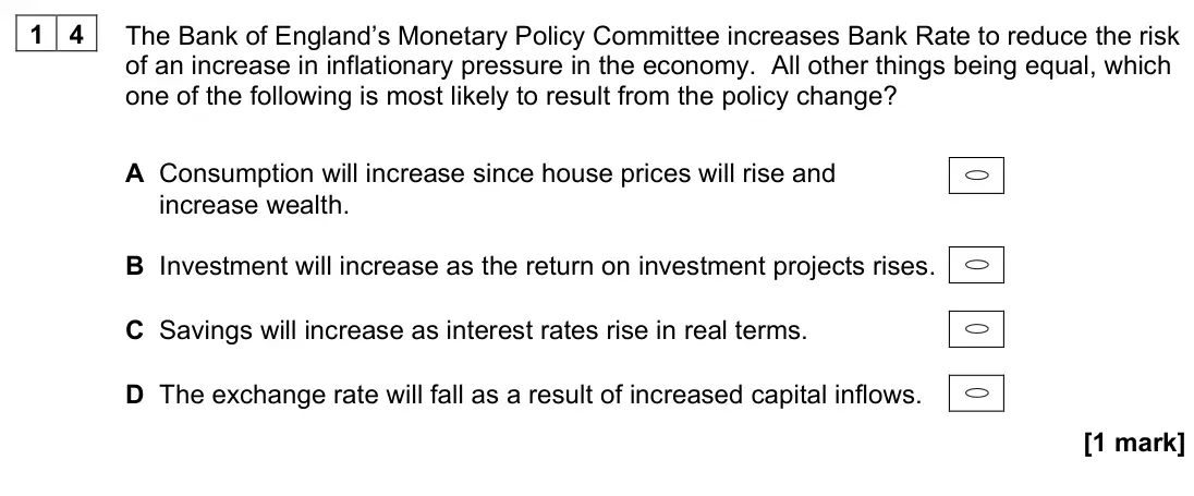 November 2021 Paper 3, question 14: The Bank of England’s Monetary Policy Committee increases Bank Rate to reduce the risk of an increase in inflationary pressure in the economy. All other things