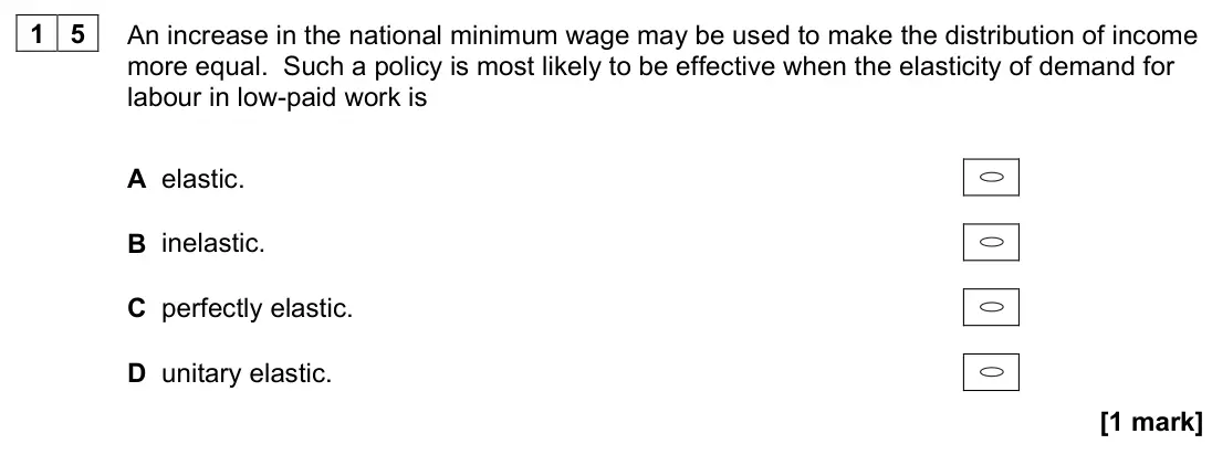 November 2021 Paper 3, question 15: An increase in the national minimum wage may be used to make the distribution of income more equal. Such a policy is most likely to be effective when the elasti