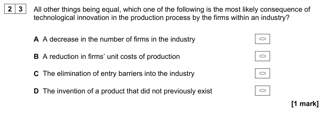 November 2021 Paper 3, question 23: All other things being equal, which one of the following is the most likely consequence of technological innovation in the production process by the firms withi