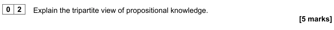 June 2025 Paper 1, question 02: Explain the tripartite view of propositional knowledge. [5 marks]