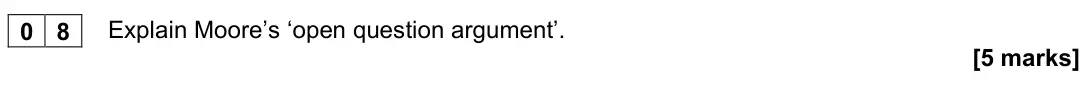 November 2020 Paper 1, question 08: Explain Moore’s ‘open question argument’. [5 marks]