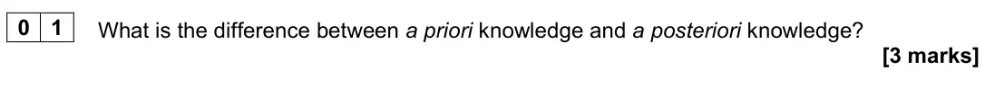 November 2021 Paper 1, question 01: What is the difference between a priori knowledge and a posteriori knowledge? [3 marks]