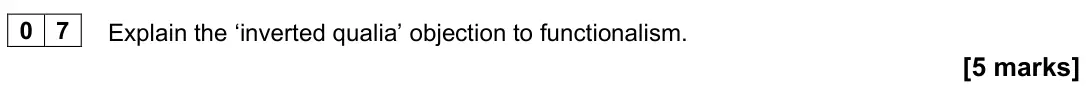 June 2022 Paper 2, question 07: Explain the ‘inverted qualia’ objection to functionalism. [5 marks]