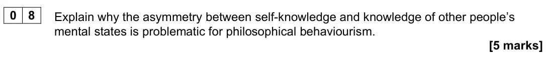 June 2022 Paper 2, question 08: Explain why the asymmetry between self-knowledge and knowledge of other people’s mental states is problematic for philosophical behaviourism. [5 marks]