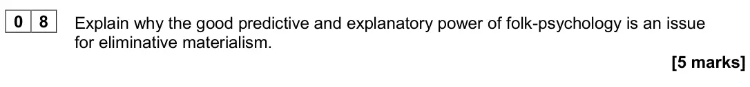 June 2024 Paper 2, question 08: Explain why the good predictive and explanatory power of folk-psychology is an issue for eliminative materialism. [5 marks]