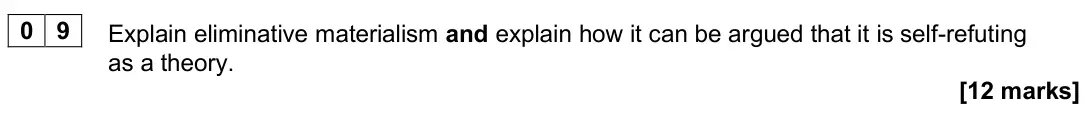 June 2025 Paper 2, question 09: Explain eliminative materialism and explain how it can be argued that it is self-refuting as a theory. [12 marks]