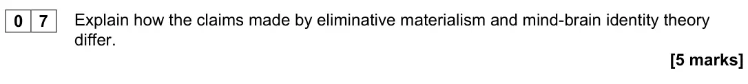 November 2020 Paper 2, question 07: Explain how the claims made by eliminative materialism and mind-brain identity theory differ. [5 marks]