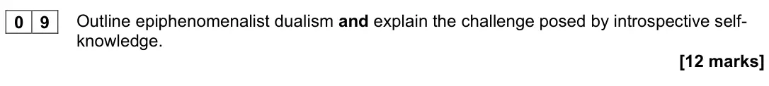 November 2020 Paper 2, question 09: Outline epiphenomenalist dualism and explain the challenge posed by introspective self- knowledge. [12 marks]