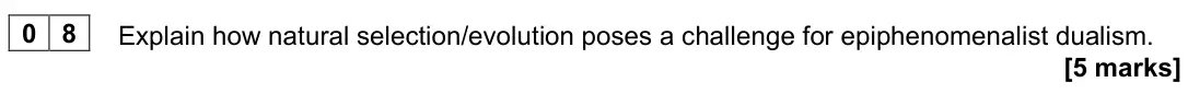 November 2021 Paper 2, question 08: Explain how natural selection/evolution poses a challenge for epiphenomenalist dualism. [5 marks]