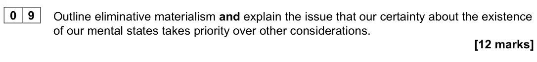 November 2021 Paper 2, question 09: Outline eliminative materialism and explain the issue that our certainty about the existence of our mental states takes priority over other considerations. [12 