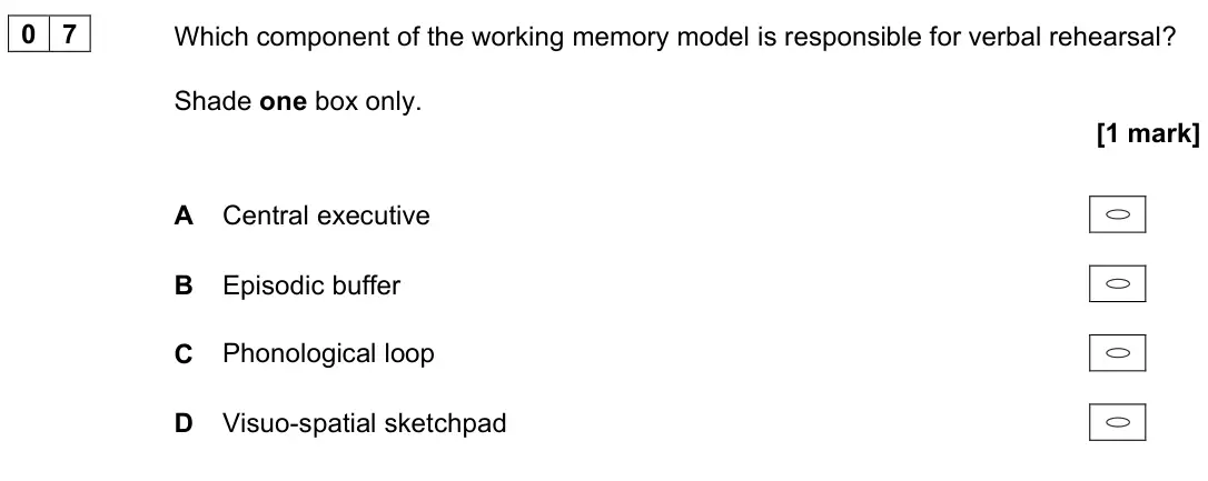 June 2024 AS Paper 1, question 07: Which component of the working memory model is responsible for verbal rehearsal? Shade one box only. [1 mark] A Central executive B Episodic buffer C Phonologic