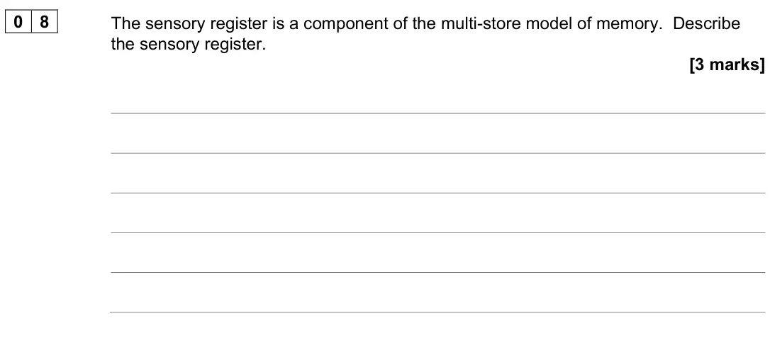 June 2024 AS Paper 1, question 08: The sensory register is a component of the multi-store model of memory. Describe the sensory register. [3 marks]