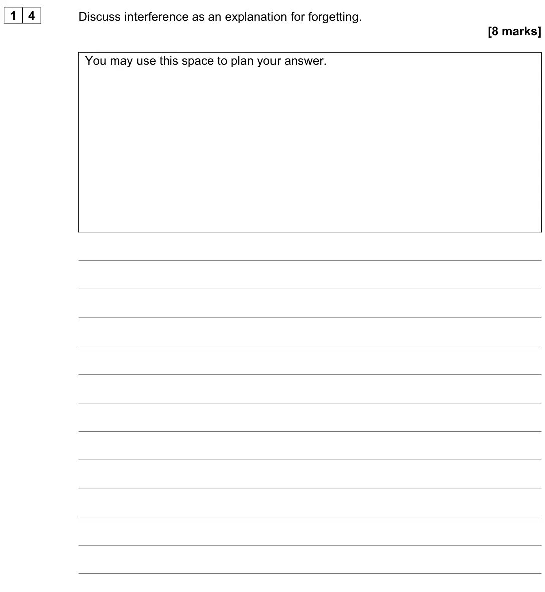 June 2024 AS Paper 1, question 14: Discuss interference as an explanation for forgetting. [8 marks] You may use this space to plan your answer.