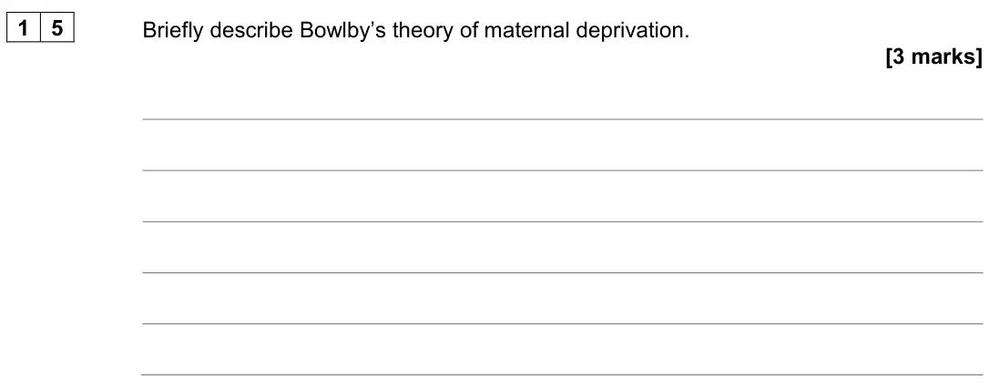 June 2024 AS Paper 1, question 15: Briefly describe Bowlby’s theory of maternal deprivation. [3 marks]