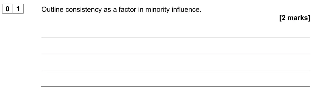 June 2025 AS Paper 1, question 01: Outline consistency as a factor in minority influence. [2 marks]