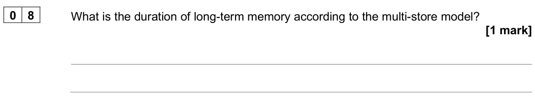 June 2025 AS Paper 1, question 08: What is the duration of long-term memory according to the multi-store model? [1 mark]