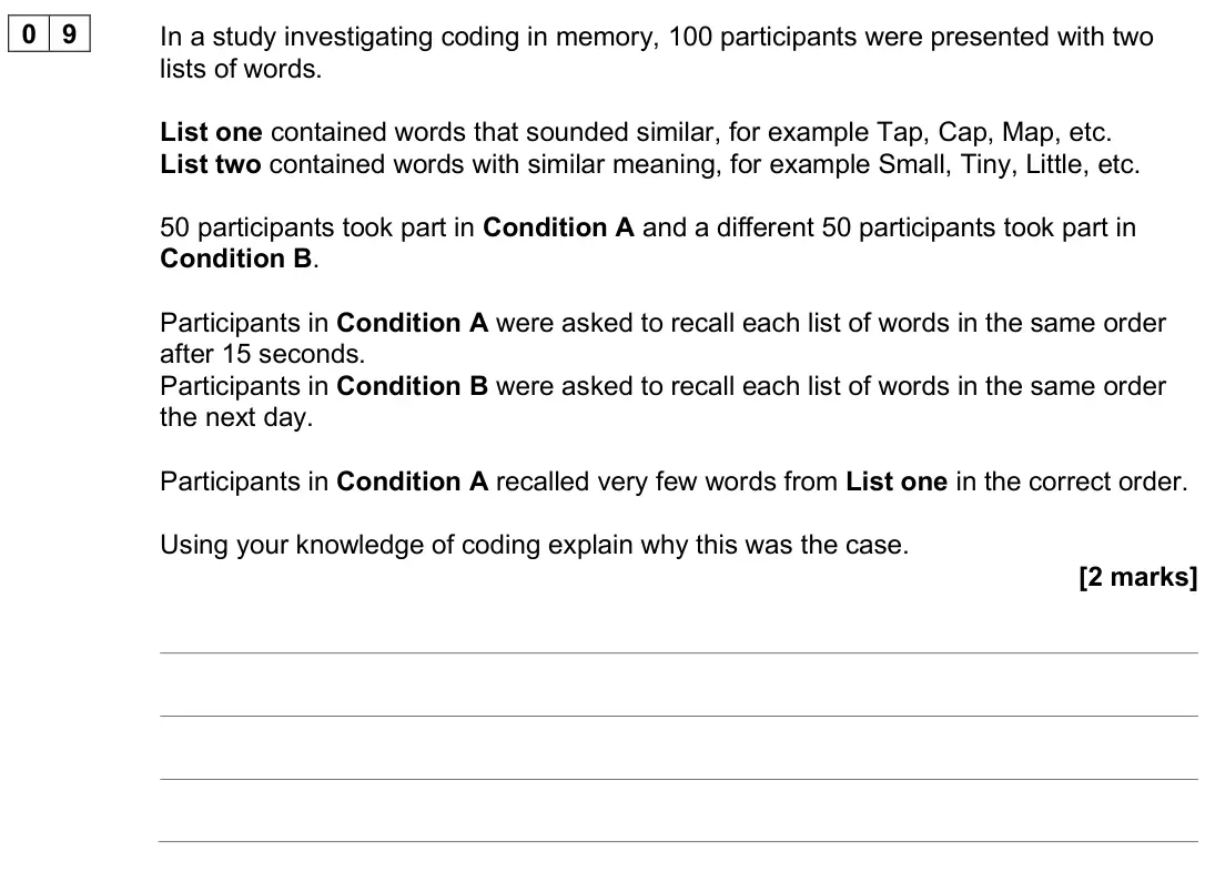June 2025 AS Paper 1, question 09: In a study investigating coding in memory, 100 participants were presented with two lists of words. List one contained words that sounded similar, for example T