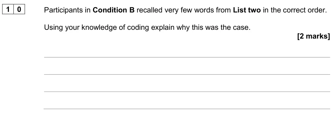 June 2025 AS Paper 1, question 10: Participants in Condition B recalled very few words from List two in the correct order. Using your knowledge of coding explain why this was the case. [2 marks]