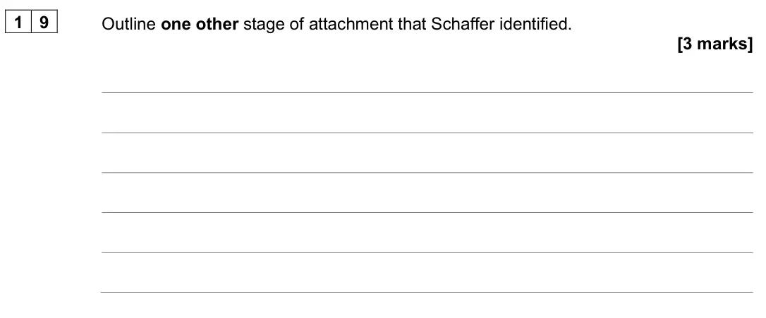June 2025 AS Paper 1, question 19: Outline one other stage of attachment that Schaffer identified. [3 marks]