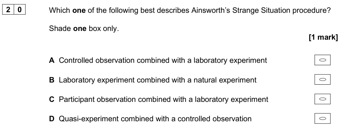 June 2025 AS Paper 1, question 20: Which one of the following best describes Ainsworth’s Strange Situation procedure? Shade one box only. [1 mark] A Controlled observation combined with a laborat