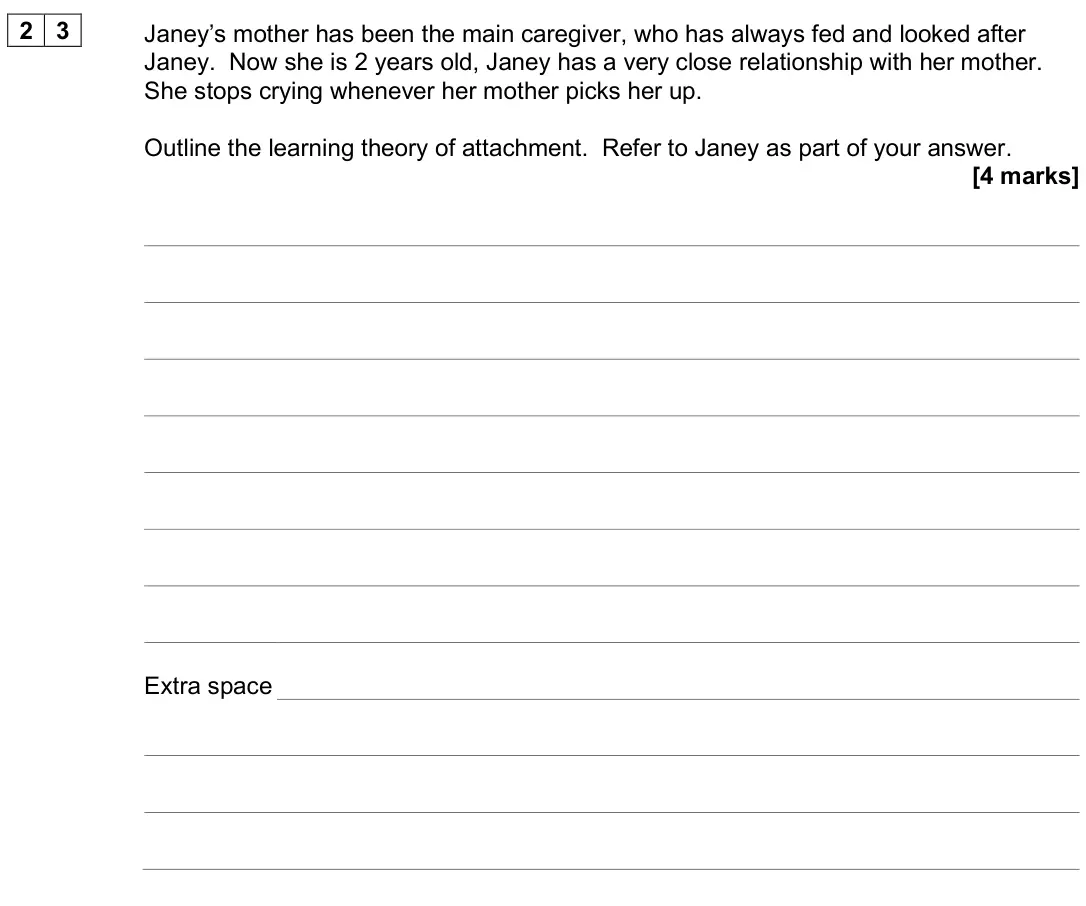 June 2025 AS Paper 1, question 23: Janey’s mother has been the main caregiver, who has always fed and looked after Janey. Now she is 2 years old, Janey has a very close relationship with her moth